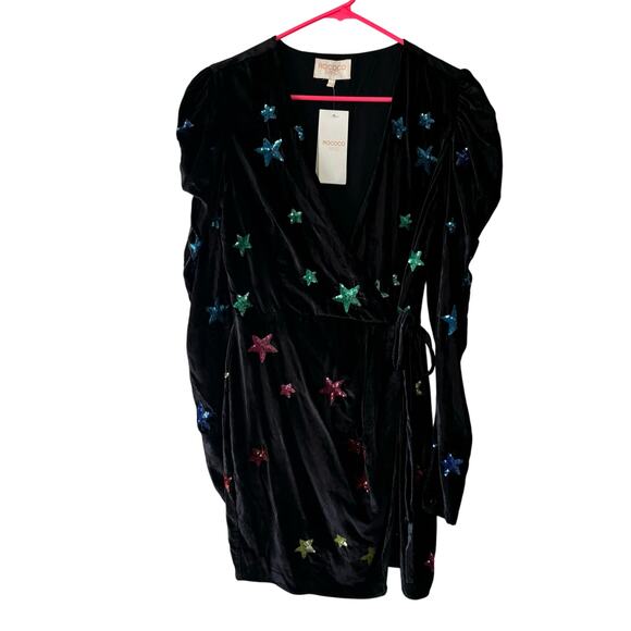 Rococo Sand Amos Black Velvet Sequin Star Wrap Mini Dress Women’s Size Small NWT - Picture 3 of 8